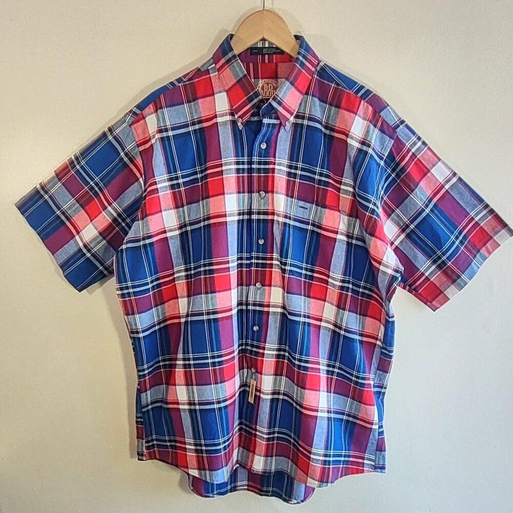 B.D. Baggies Original Men Plaid Short Sleeve Shirt Blue/Red Relaxed Fit  Large